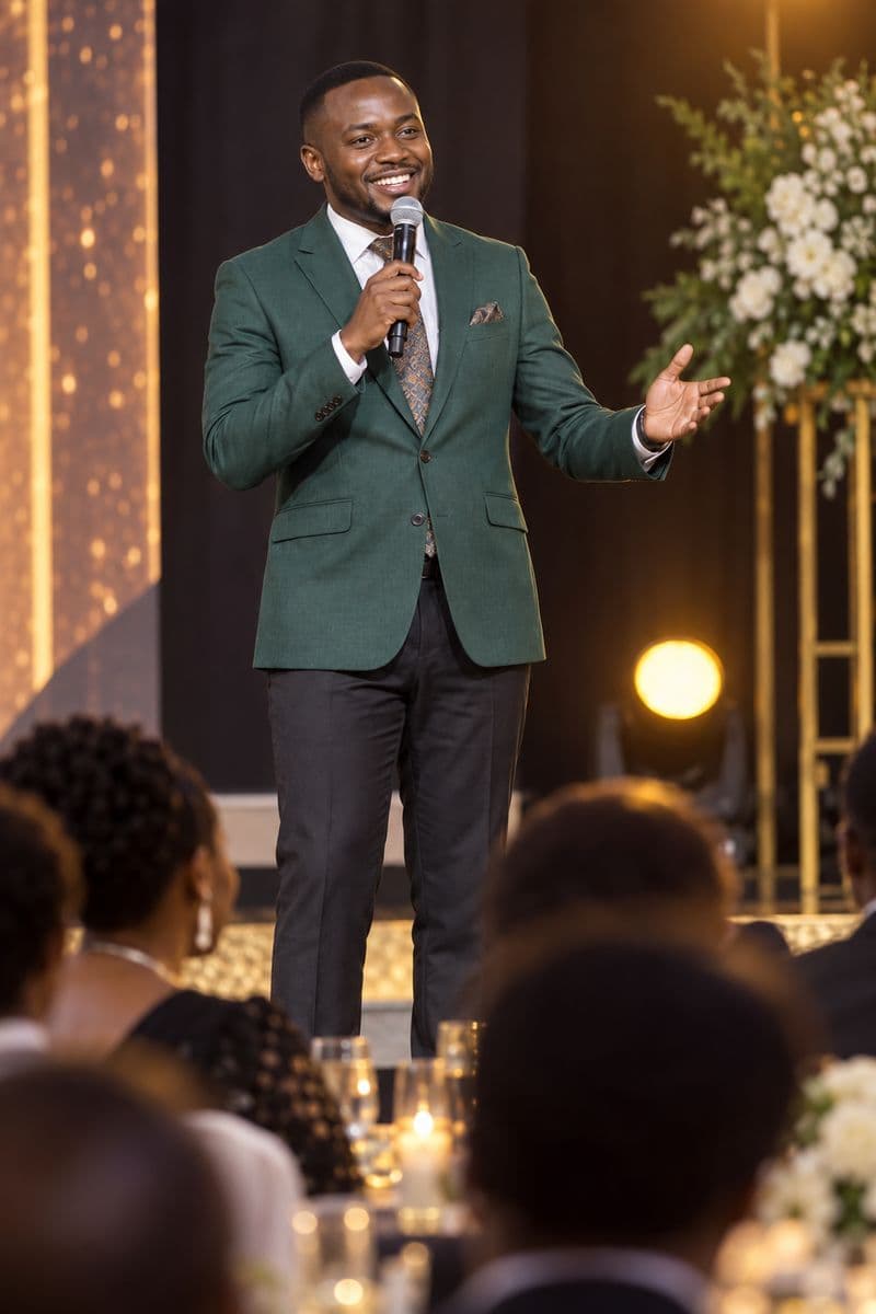 An event host in a green blazer speaking into a microphone on a gala stage