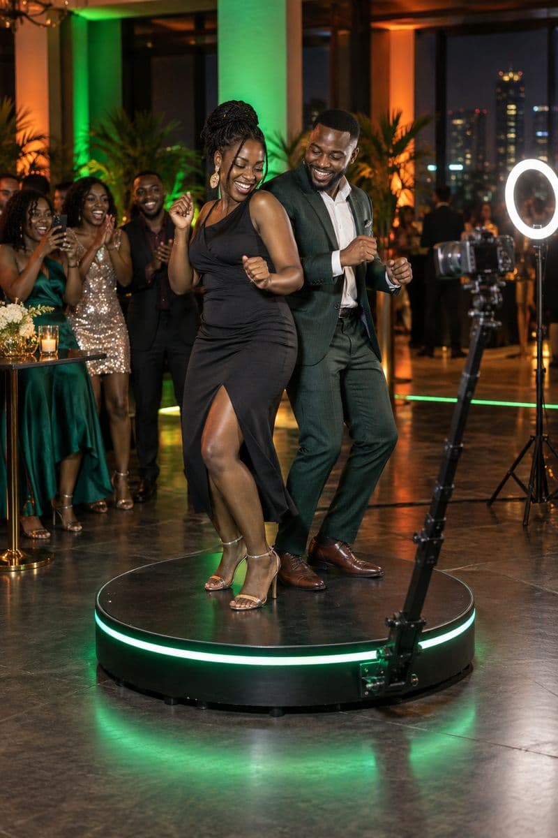 Two guests dancing on a lit 360-degree video booth platform as the camera arm circles them