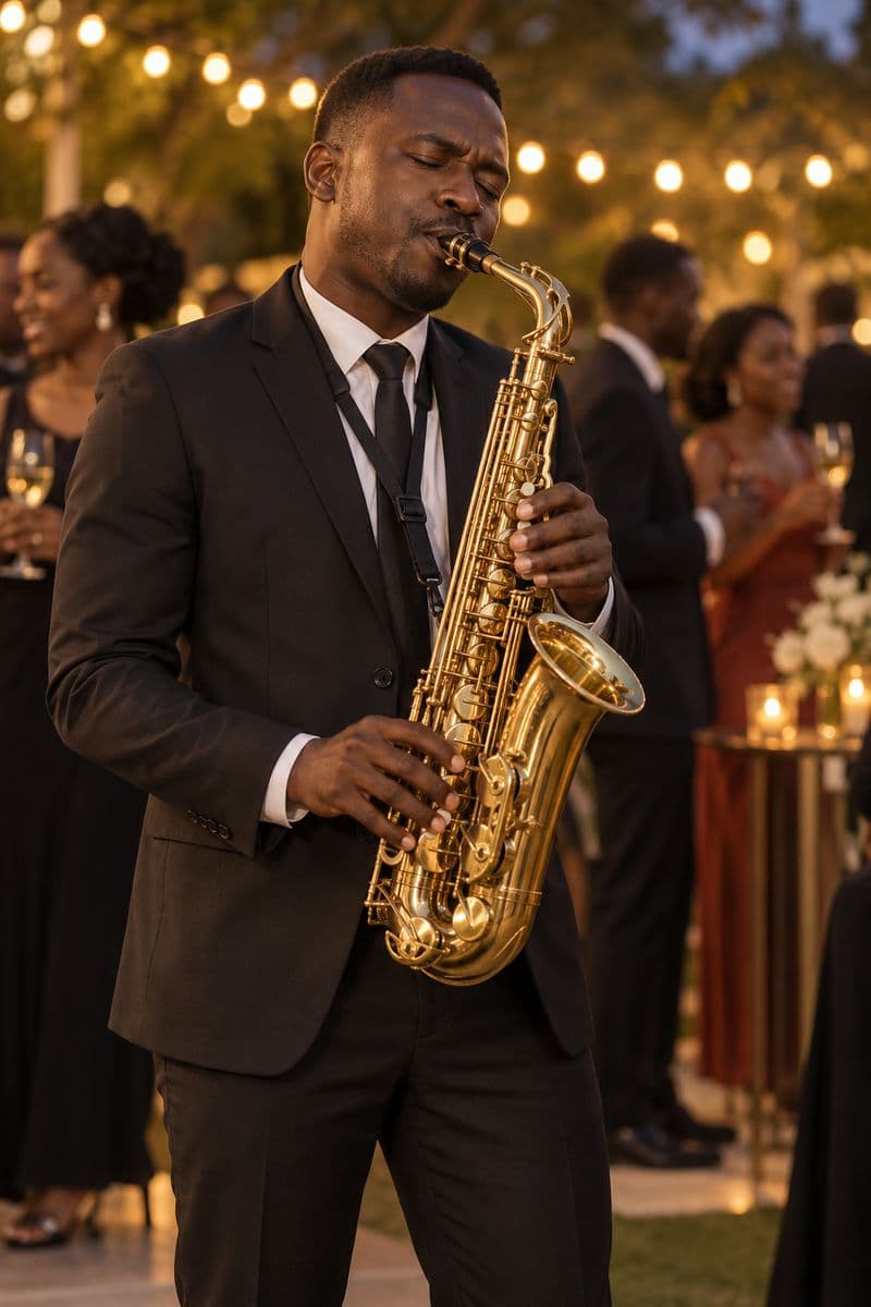 A saxophonist playing at an evening cocktail reception under warm string lights