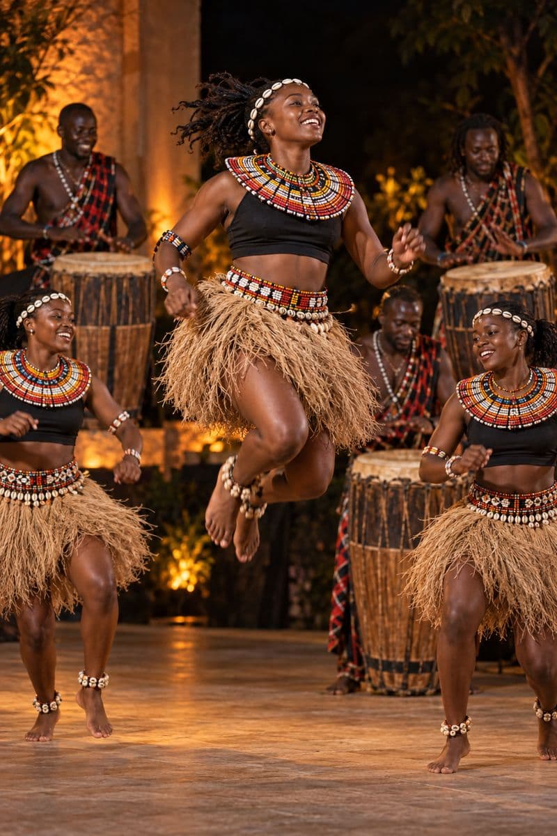 Drummers and dancers in beaded collars and sisal skirts performing a Kenyan cultural dance