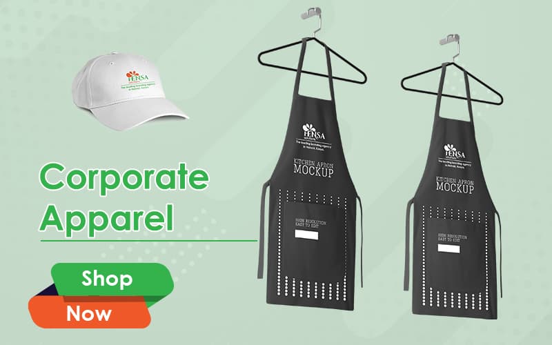 Corporate apparel: branded caps and kitchen aprons. Browse now.