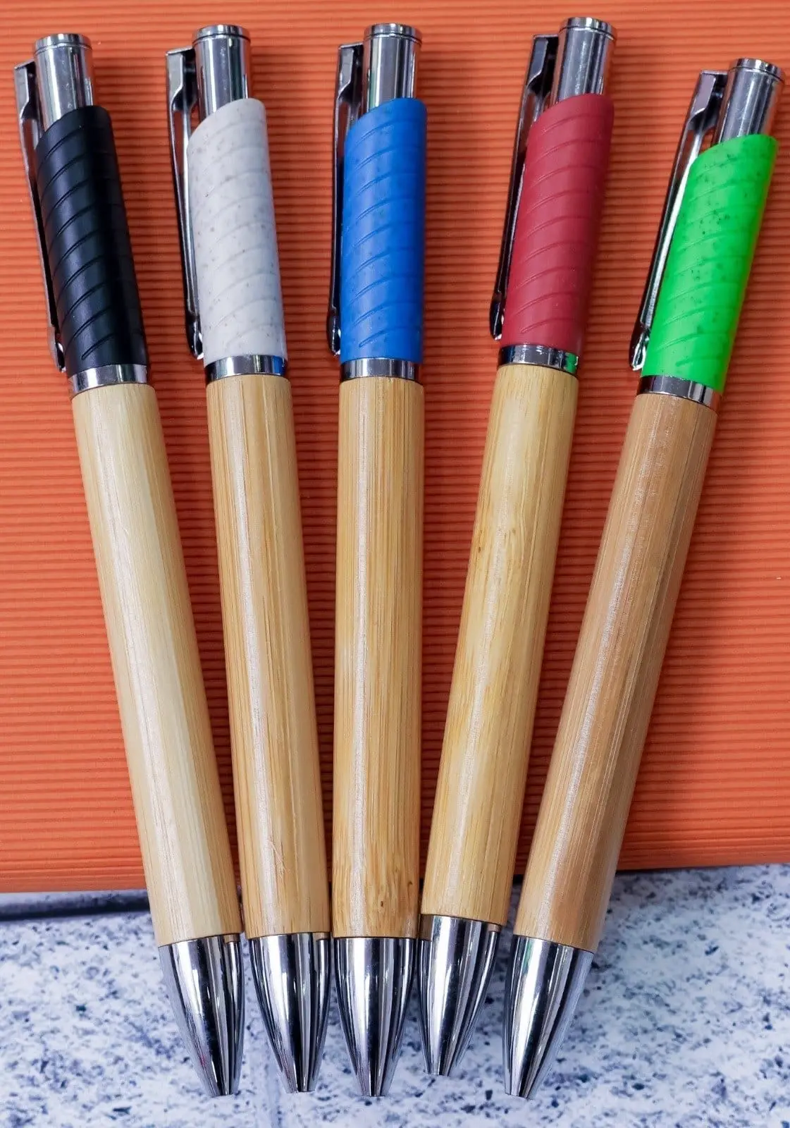 Five bamboo click pens with coloured grips and chrome clips, Hensa