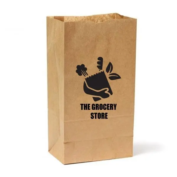 Brown kraft paper grocery bag printed with a black The Grocery Store logo, Grocery Bags, Hensa