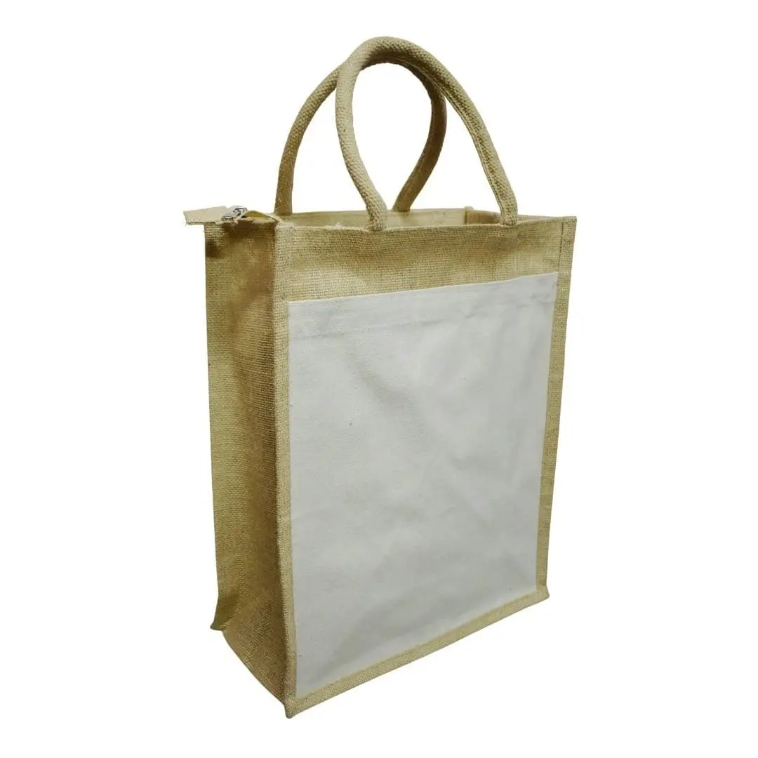 A4 natural jute bag with a cream front pocket, jute handles and a zip, Hensa