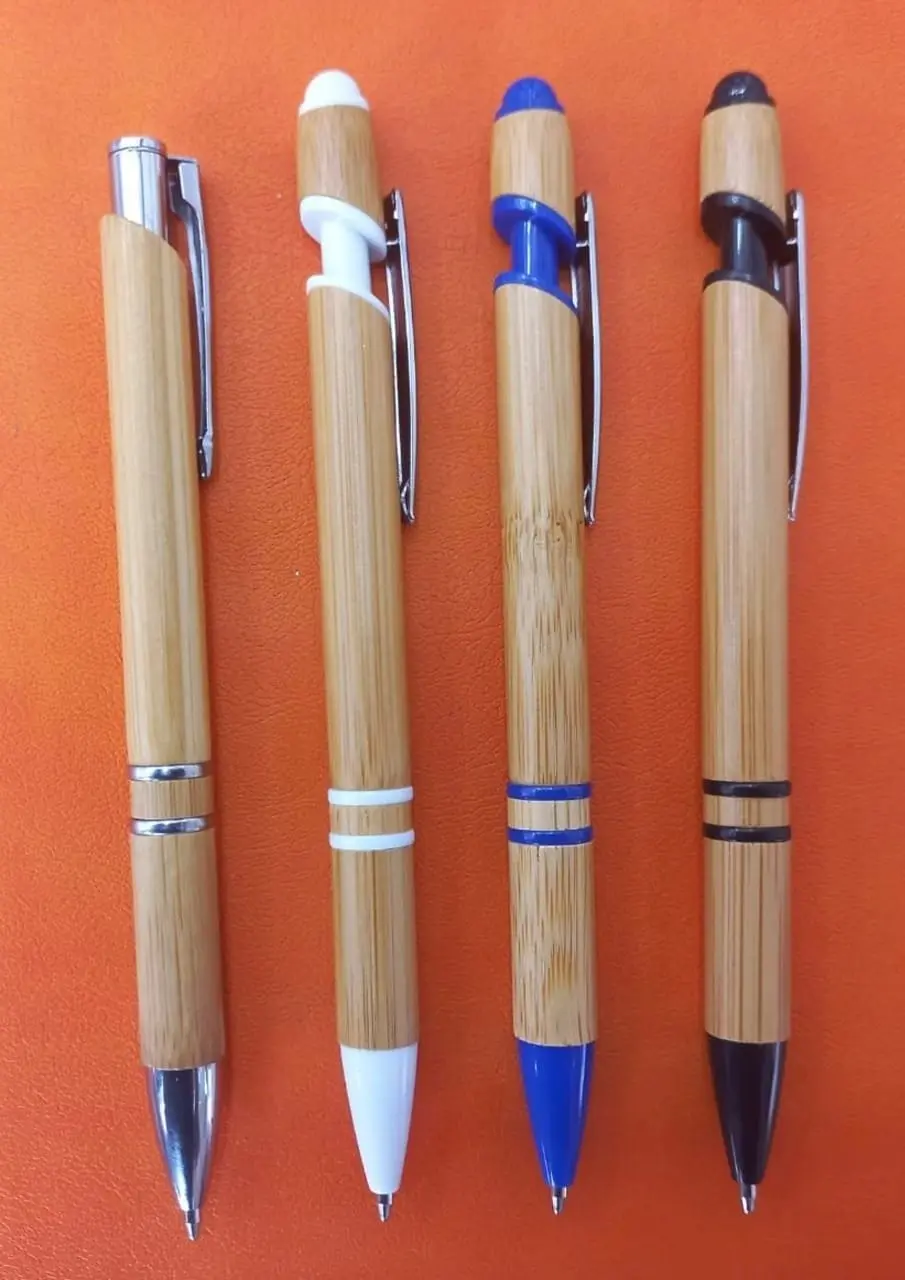 Four bamboo click pens with plain and coloured trim on orange, Hensa