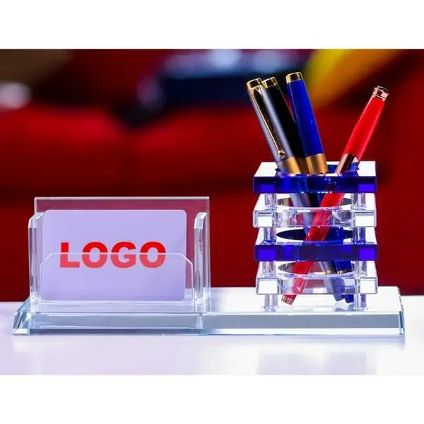 Crystal desk organizer with business card holder and blue pen stack, Hensa