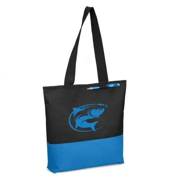 Black and blue two tone tote bag with long black handles and a blue fish logo, Hensa