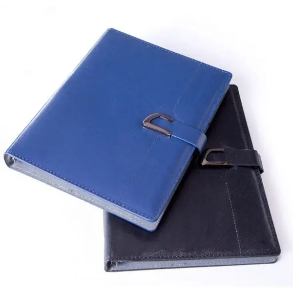 Blue and black stitched executive notebook 004 with buckle strap closures, Hensa