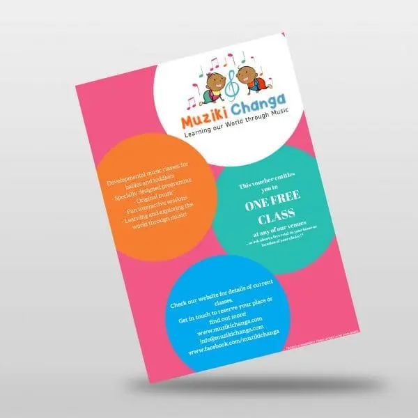 Pink flyer with orange, teal and blue circles carrying text and a logo, Flyers, Hensa