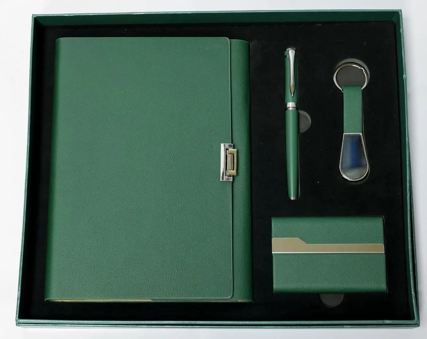 Green notebook, pen, keyholder and card holder in a green gift box, Hensa