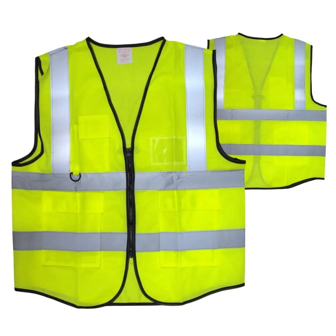 Fluorescent yellow reflective vest with zip, pockets and wide reflective bands, Hensa