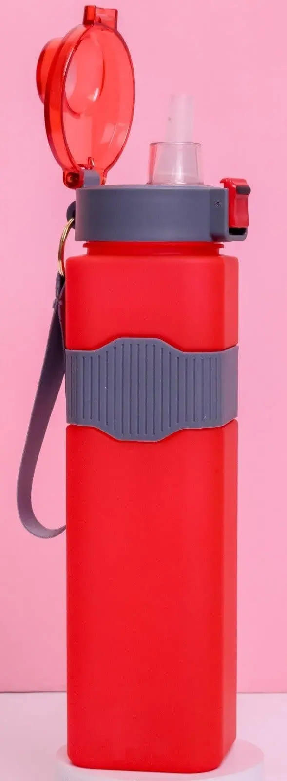 Red frosted 900ml plastic water bottle with grey flip lid and wrist strap, Hensa