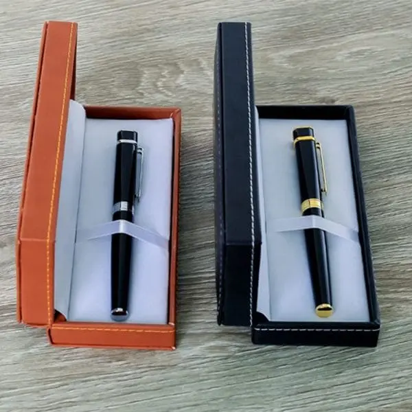 Black pens in orange and black stitched gift boxes, Pen Holders, Hensa