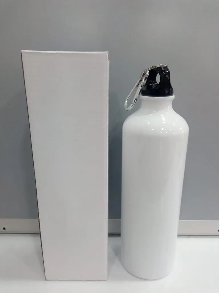 White metal water bottle with black cap and carabiner beside its box, Hensa