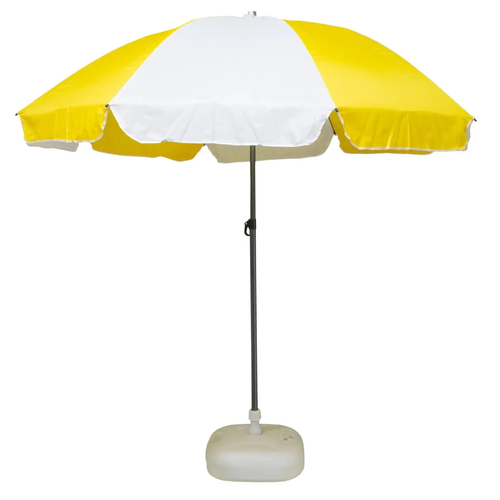 Yellow and white 42 inch garden umbrella on a white base, Hensa