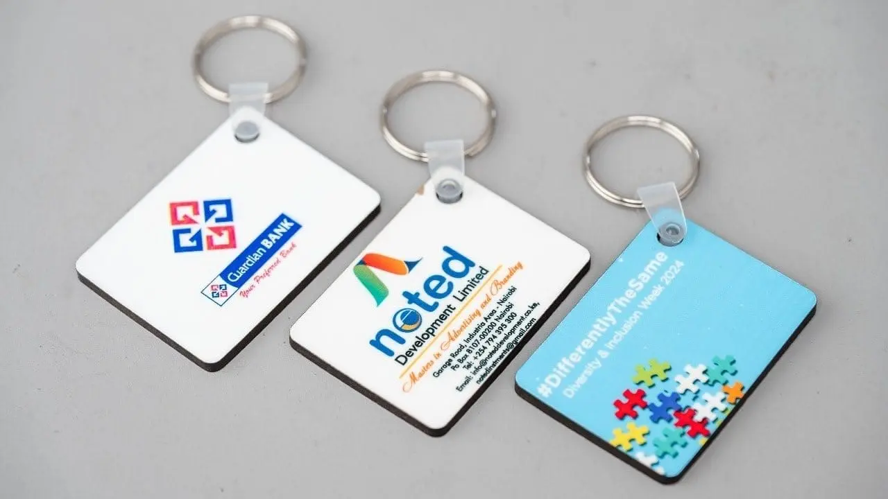 Three square full-colour printed keyholders, Hensa