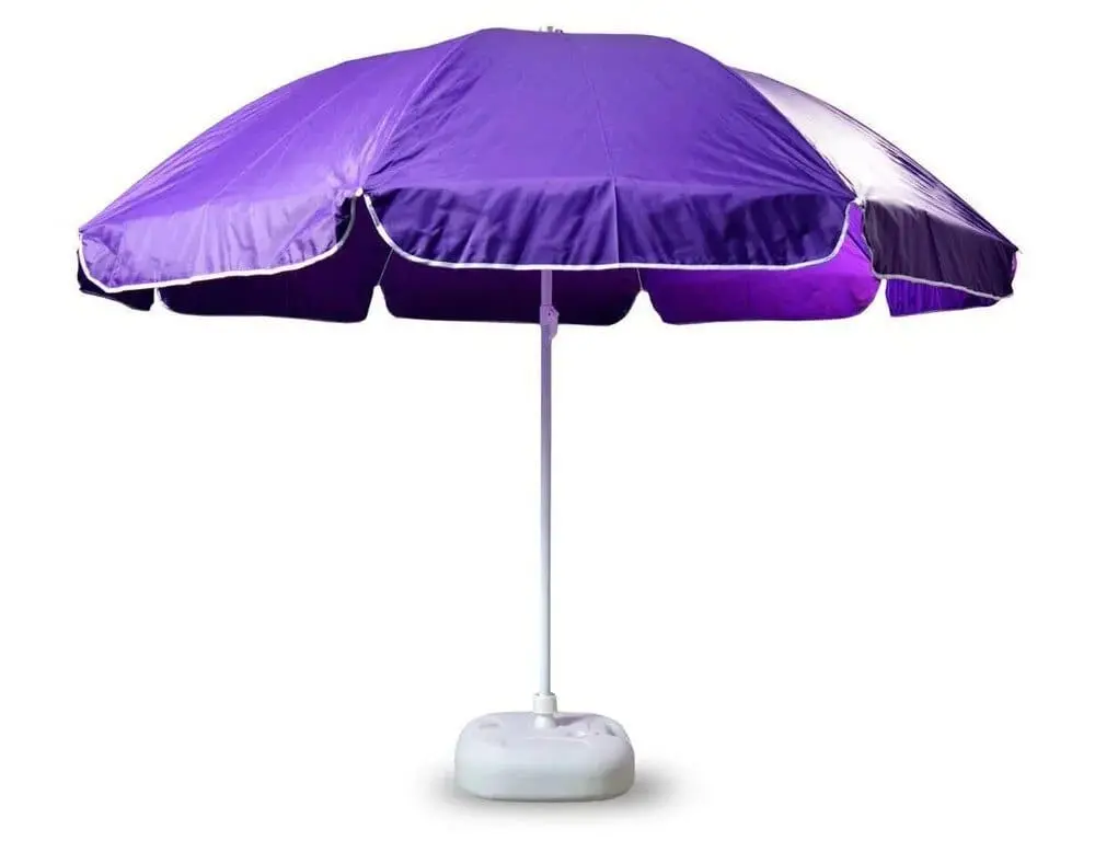 Purple 48 inch garden umbrella with white trim on a white base, Hensa