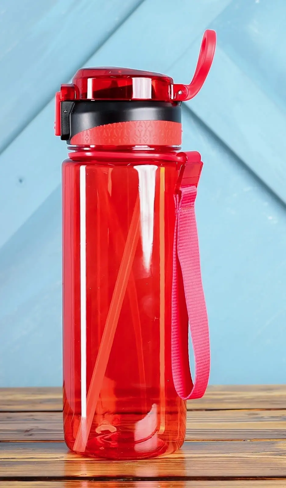 Red tinted clear 800ml plastic water bottle with a straw and carry strap, Hensa