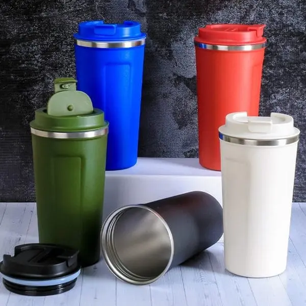 Blue, red, green, black and cream insulated coffee tumblers with lids, Hensa Thermal Mug 005
