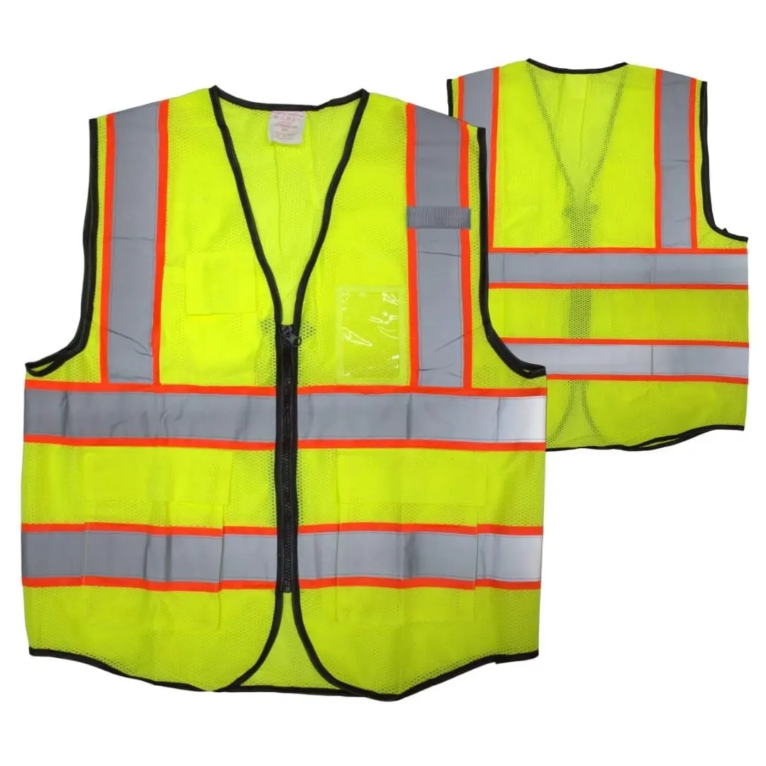 Fluorescent yellow mesh reflector jacket with orange trim and pockets, Hensa