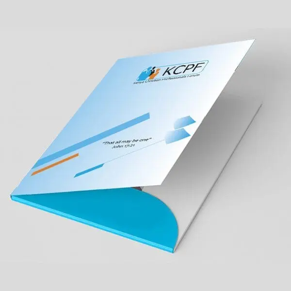 Open blue and white presentation folder with a pocket and a printed company logo, Customised Folders, Hensa
