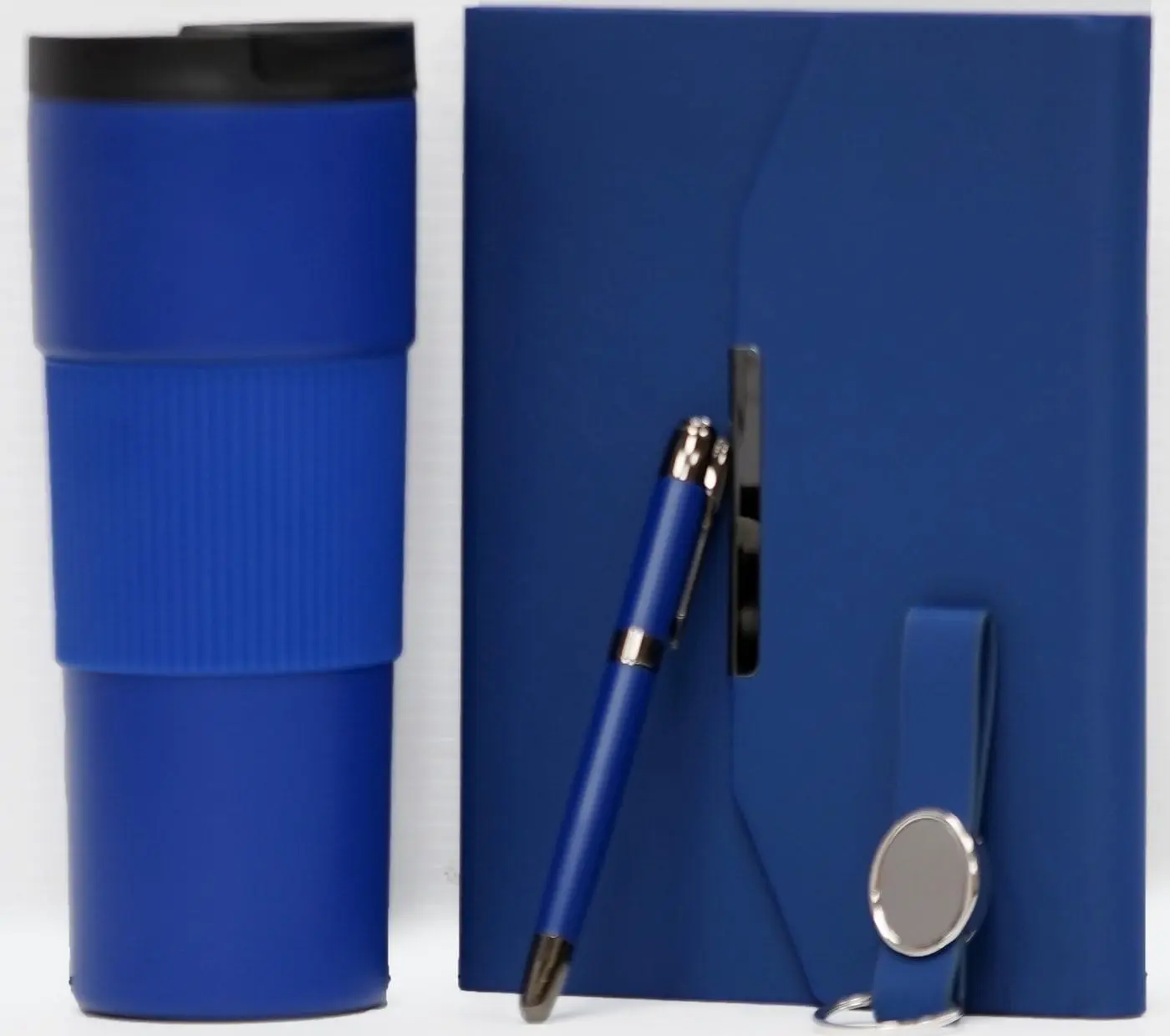 Blue travel tumbler, envelope notebook, pen and keyholder, Hensa