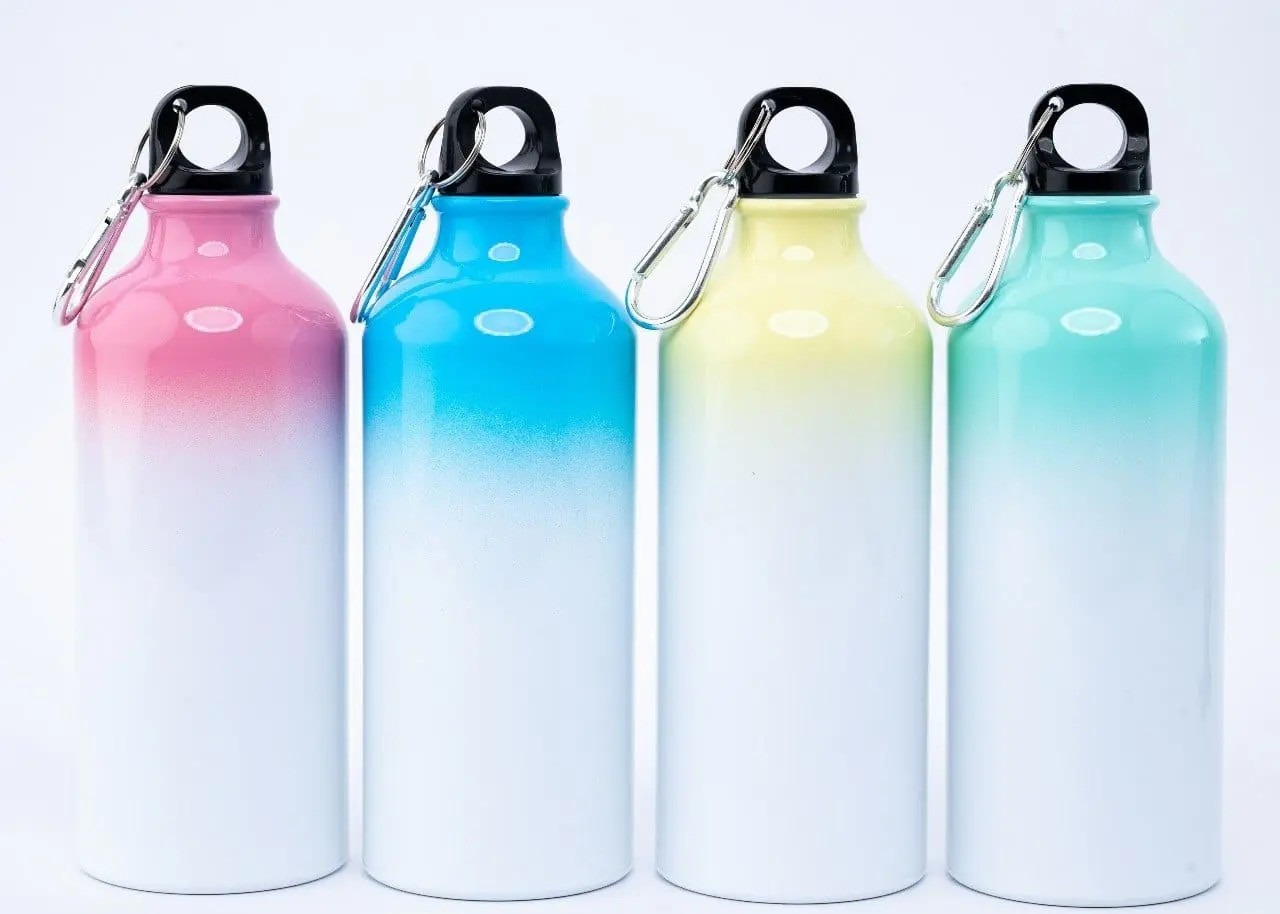 Four rainbow fade kids water bottles with carabiner clips, Hensa