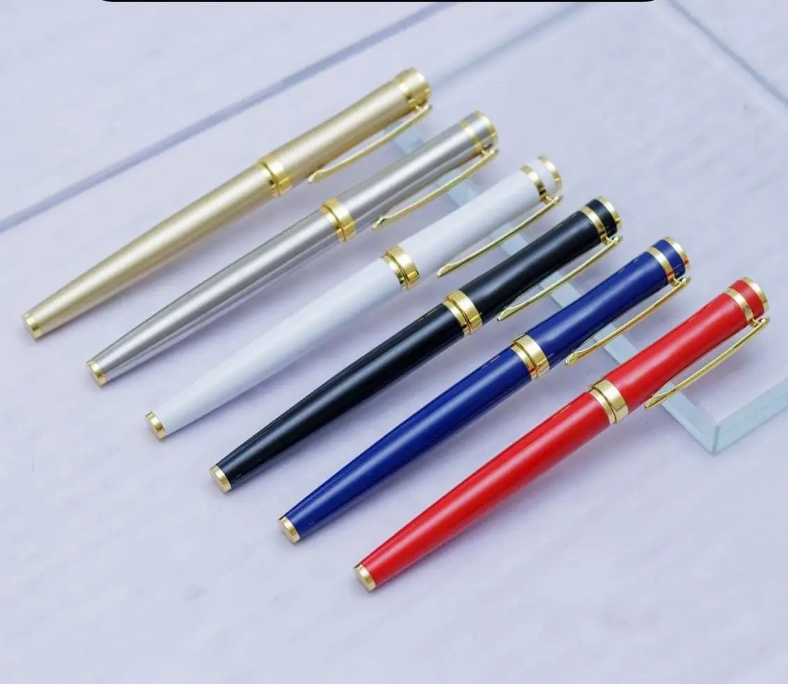 Six capped pens in gold, silver, white, black, blue and red with gold clips and bands, Hensa