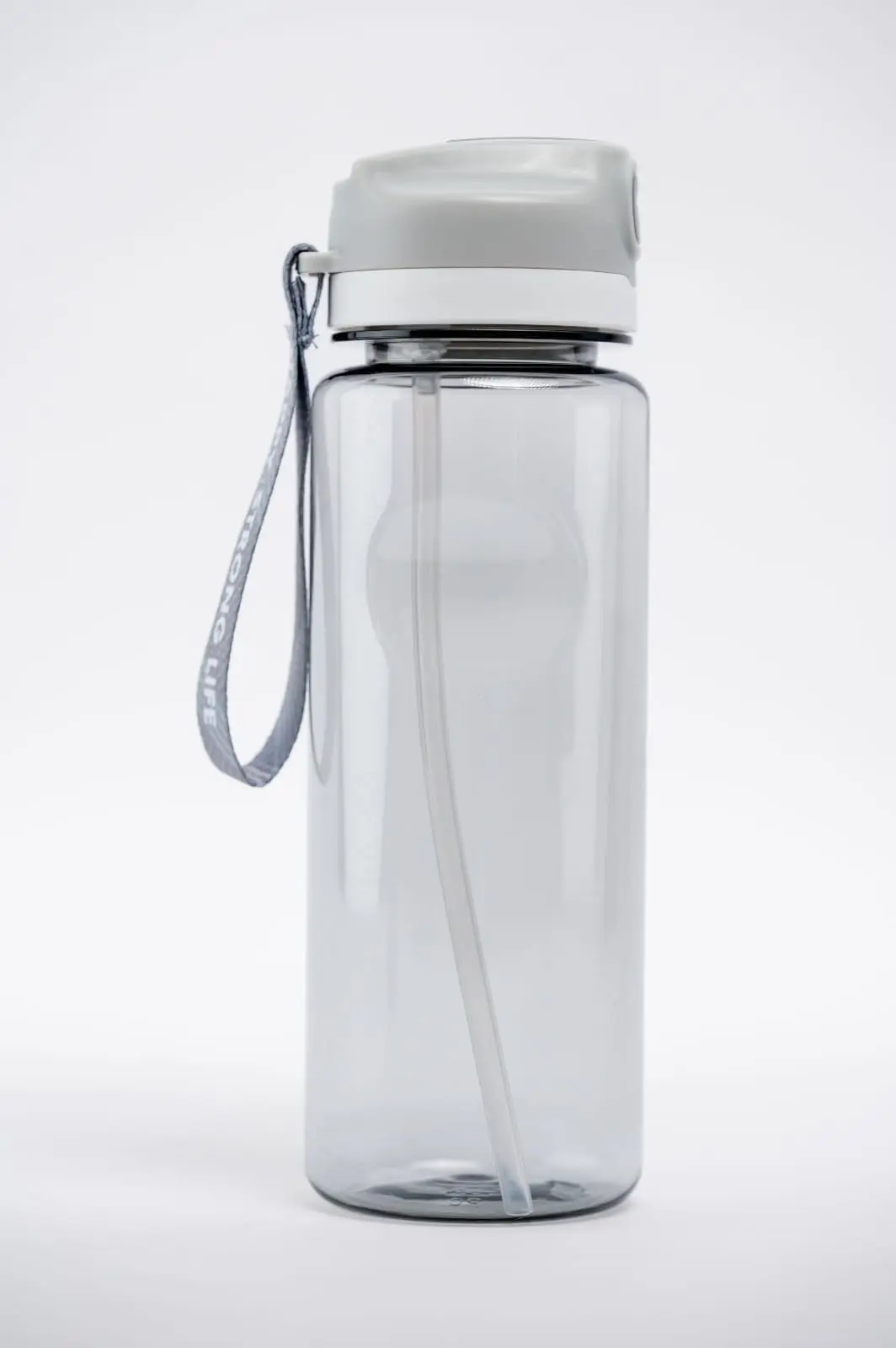 Clear grey 750ml plastic water bottle with a straw and carry strap, Hensa