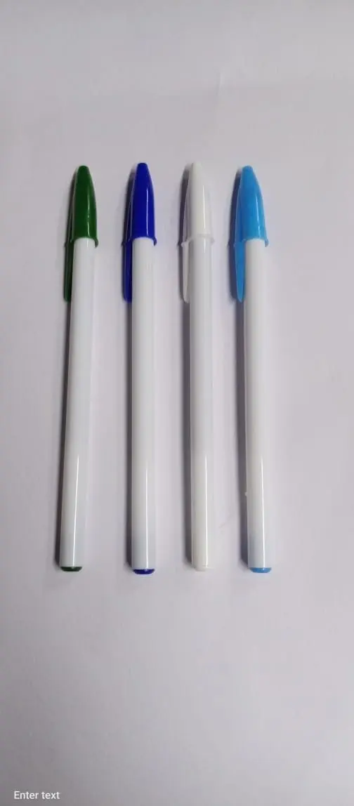 Four white capped pens with green, blue, white and light blue caps, Hensa