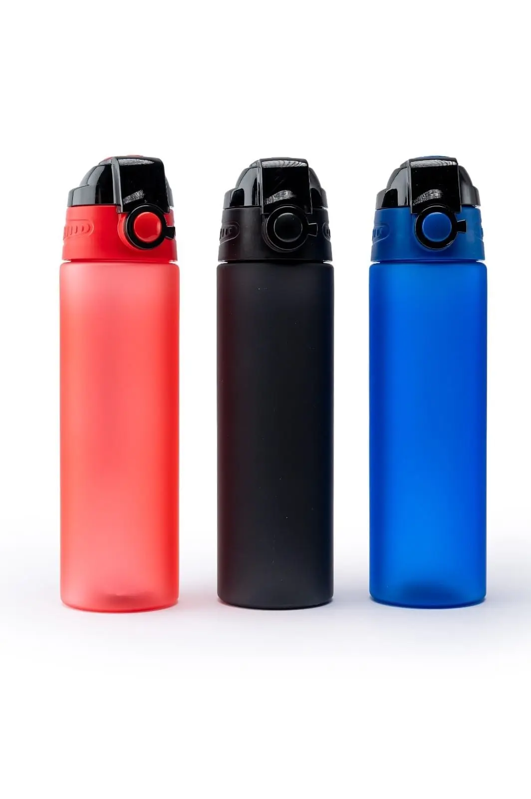 Red, black and blue frosted 700ml plastic water bottles with push-button lids, Hensa