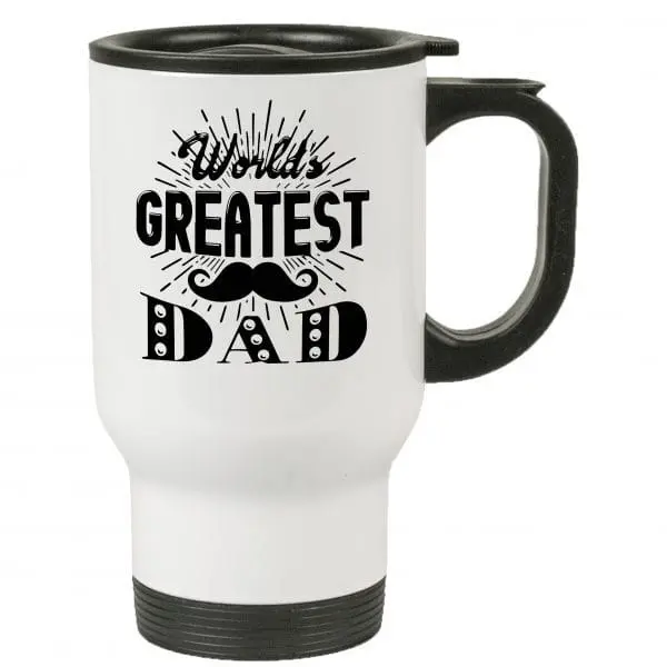 White travel mug with black handle and lid printed with a typographic design, Hensa White Travel Mug