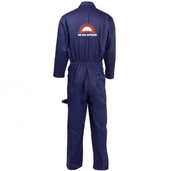 Navy blue overalls seen from the back with a Jua Kali Artisans sunrise logo, Overalls, Hensa