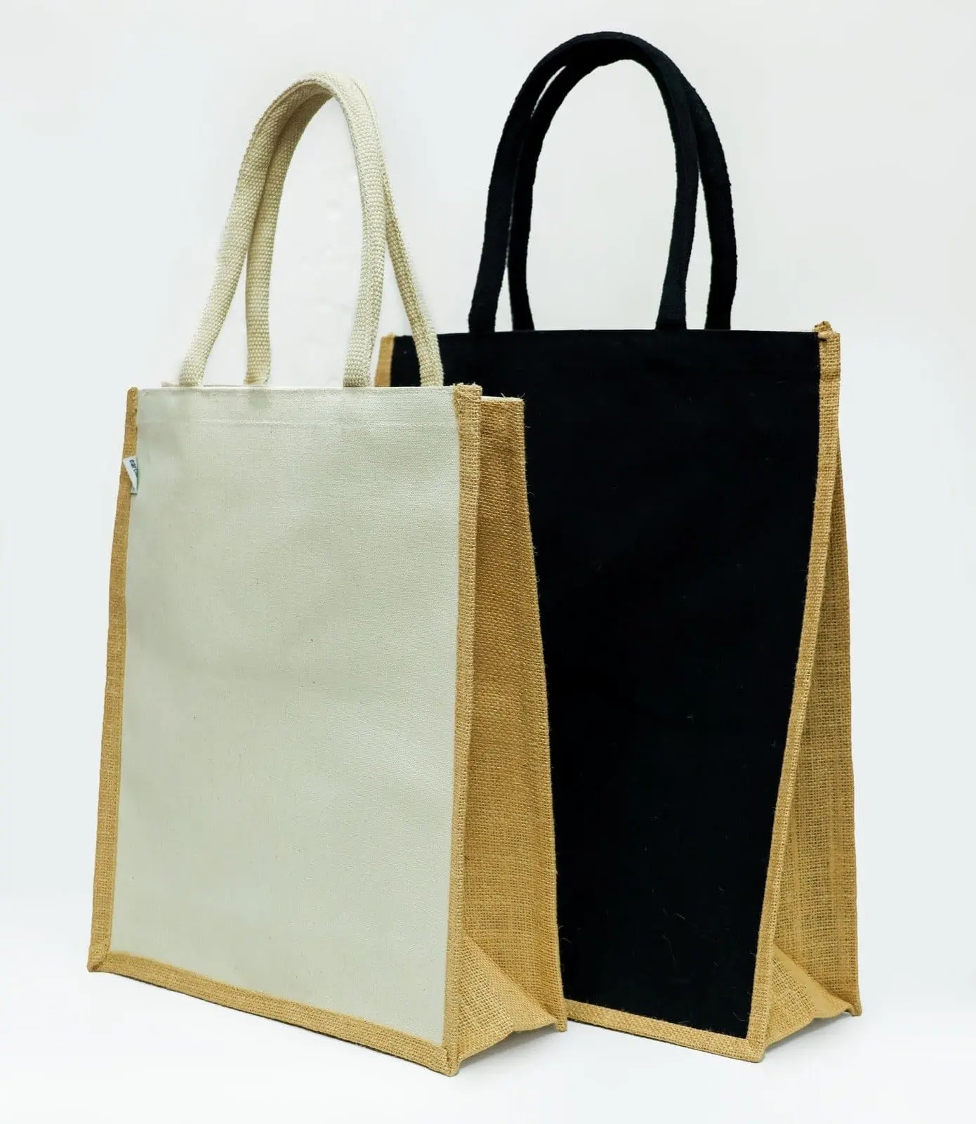 Two tall A3 jute bags, one with a cream canvas front and one with a black canvas front, Hensa