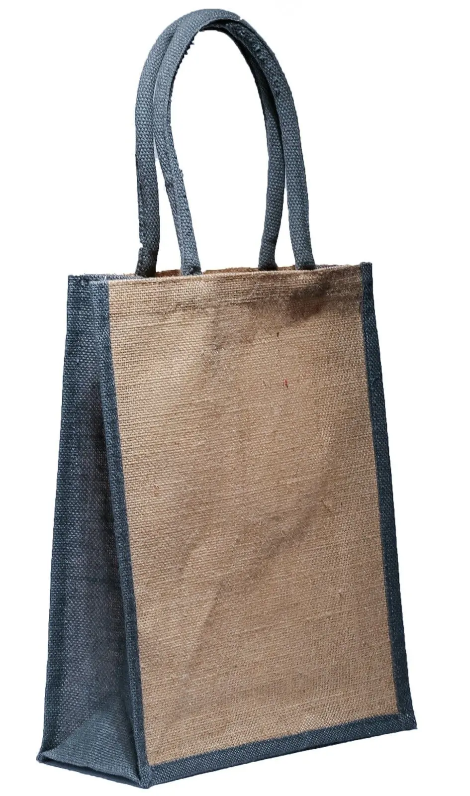 Upright A4 natural jute bag with a grey border and matching grey handles, Hensa