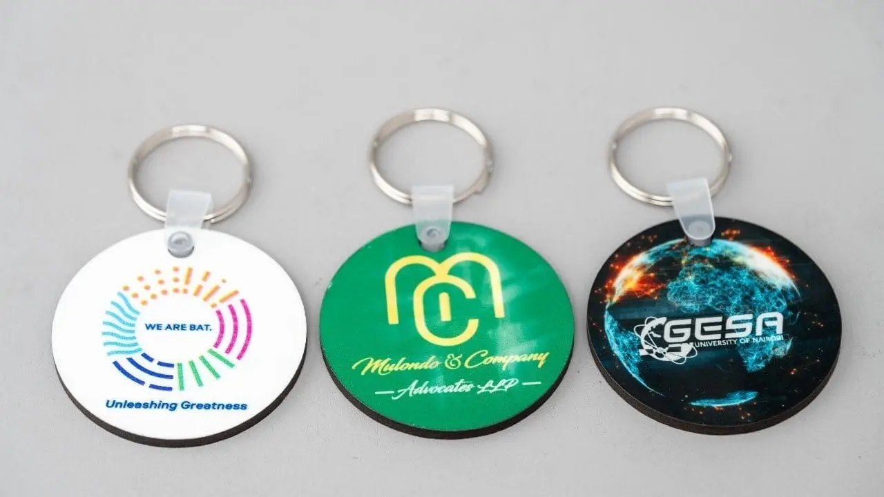 Three round full-colour printed keyholders, Hensa