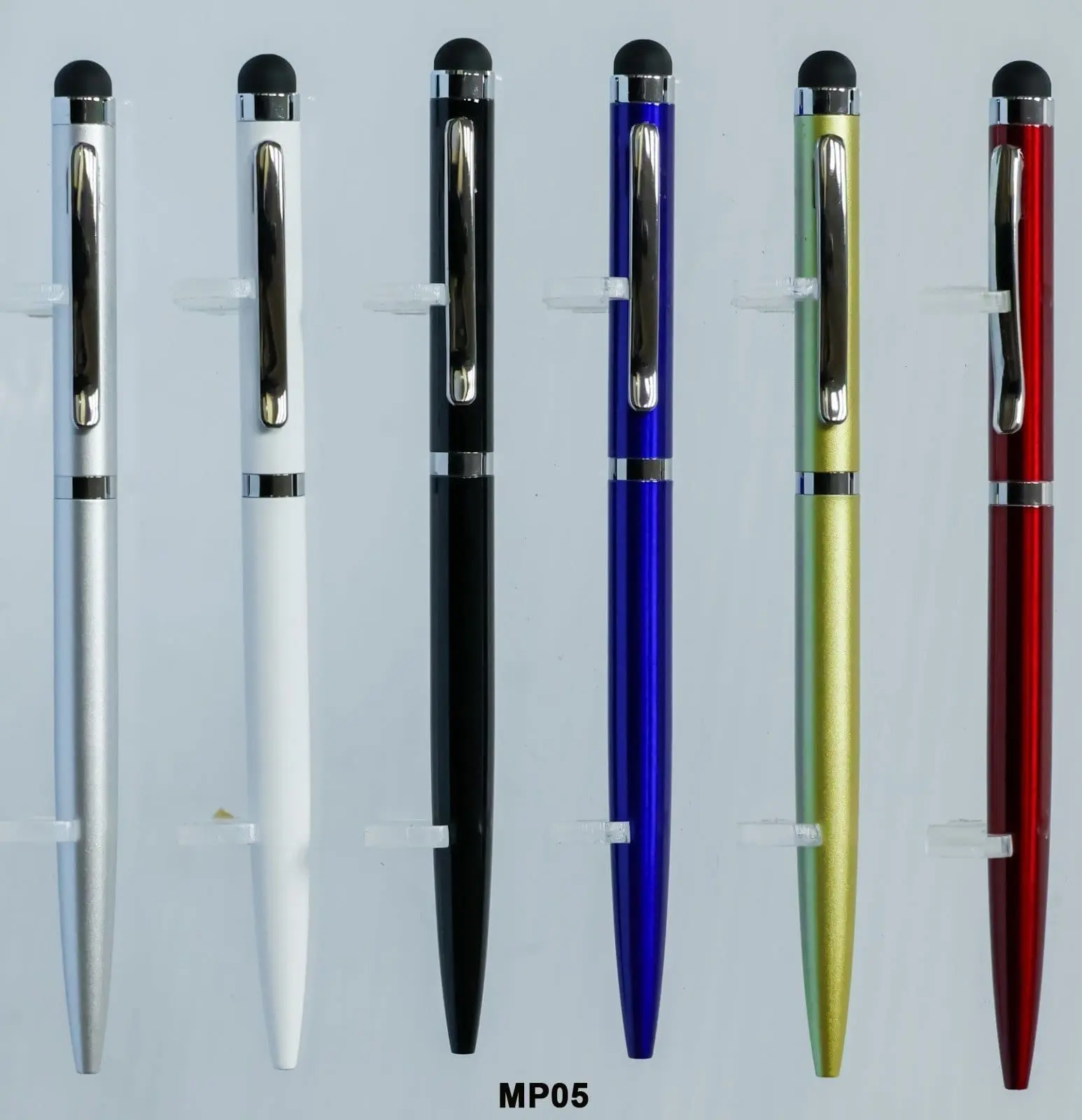 Six slim metal pens in silver, white, black, blue, green and red with chrome clips and stylus tips, Hensa