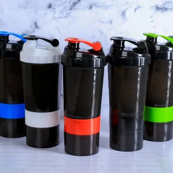 Black shaker tumblers with blue, orange and green bands and flip lids, Hensa Tumblers