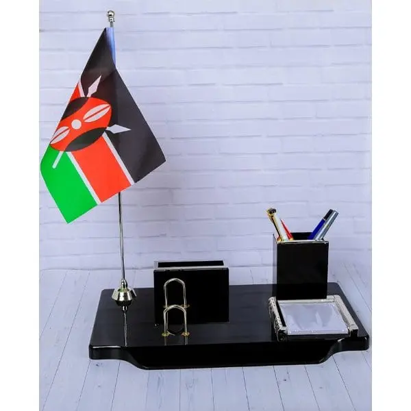 Black desk organizer set with Kenyan flag, pen cup and note holder, Hensa
