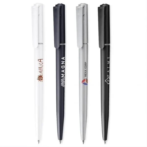 White, navy, silver and black Butler ball pens printed with different logos, Hensa