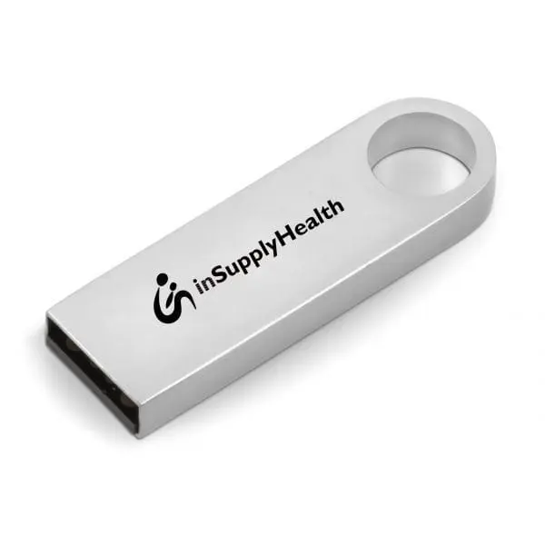 Slim silver steel USB flash drive with a key ring hole and printed logo, Hensa