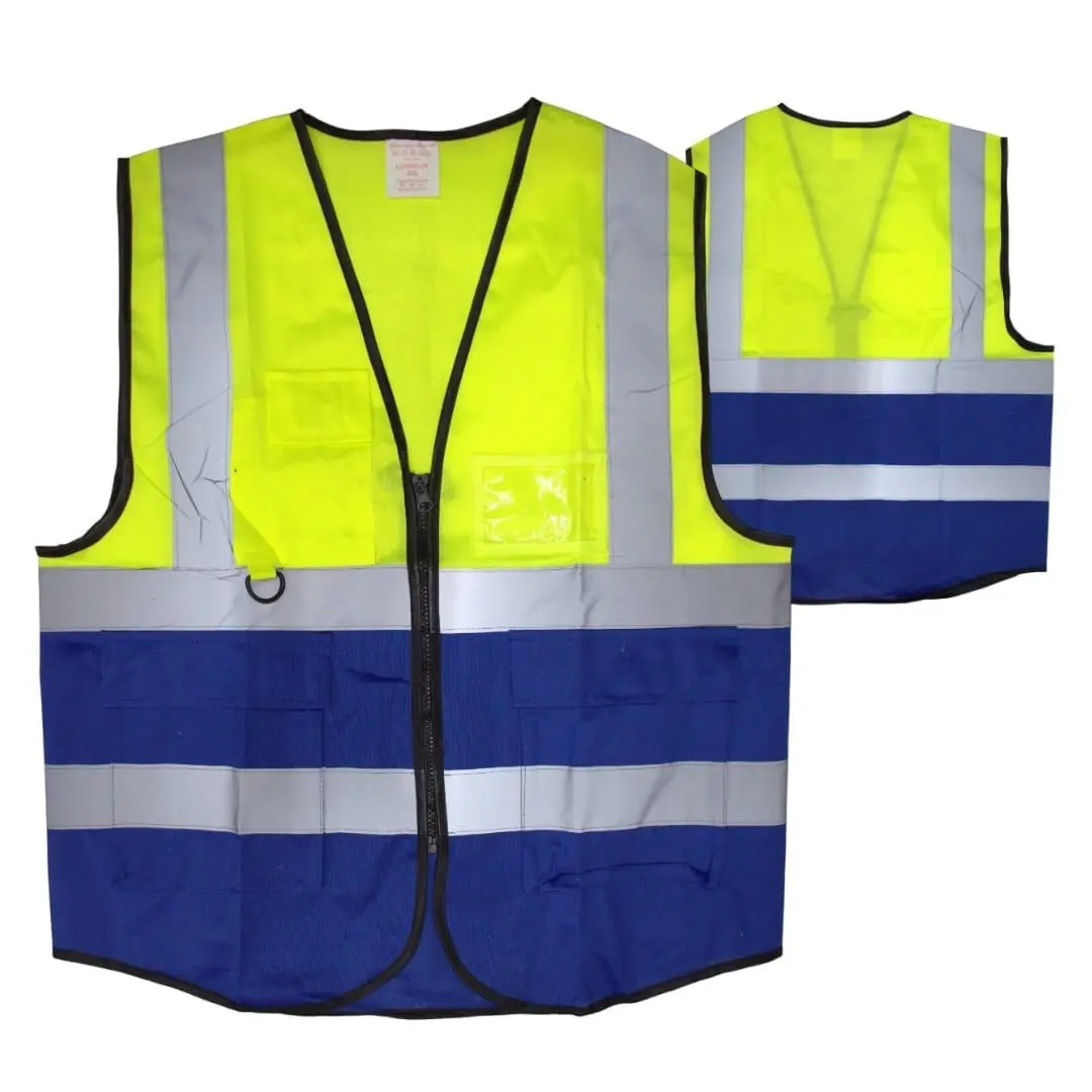 Yellow and blue two-colour reflector jacket with zip and pockets, Hensa