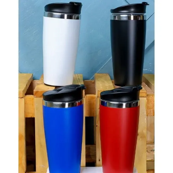 White, black, blue and red tall thermal suction mugs with lids, Hensa Thermal Suctions Mug