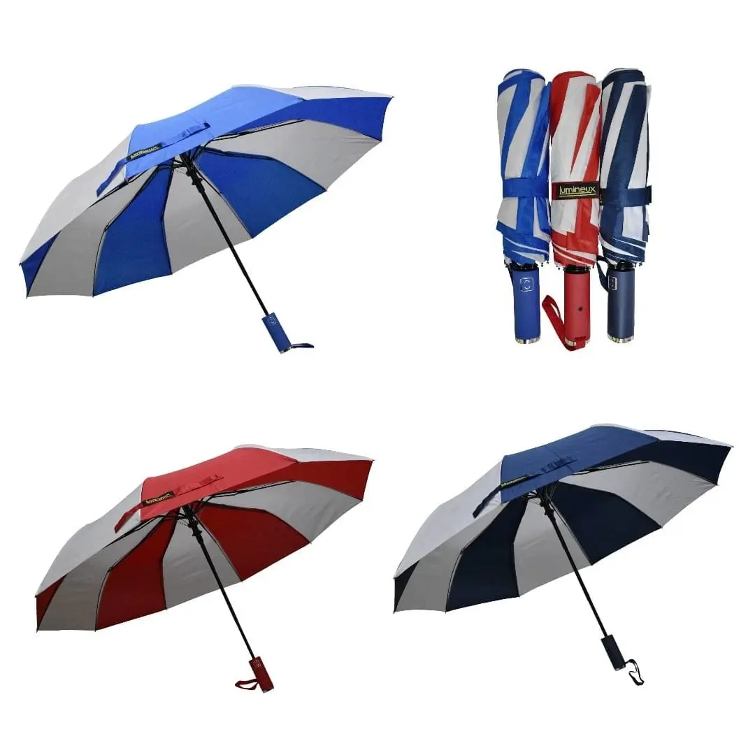 Blue, red and navy folding umbrellas with white panels, open and folded, Hensa