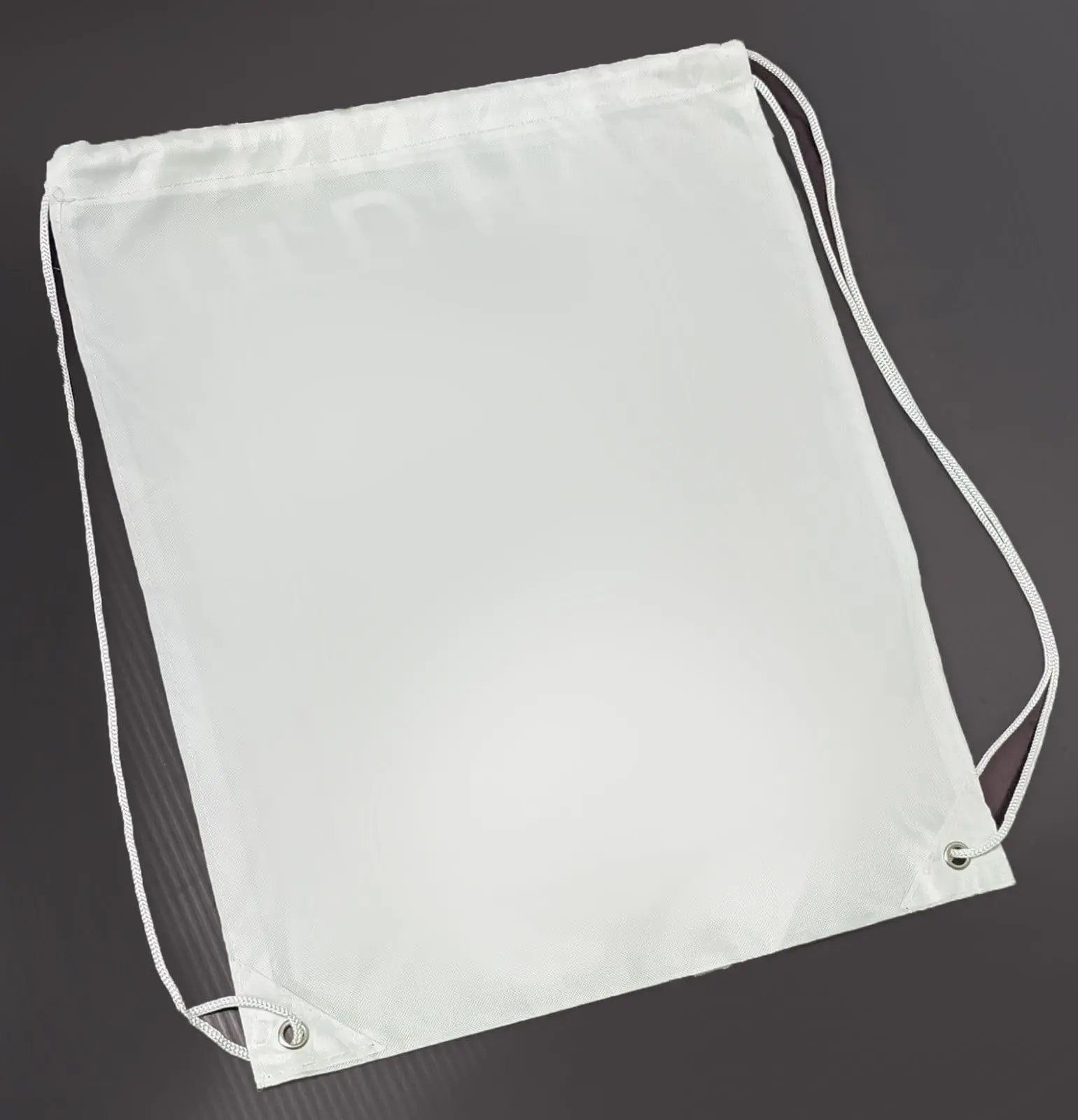 White drawstring bag with metal eyelets and cord straps, shown flat, Hensa