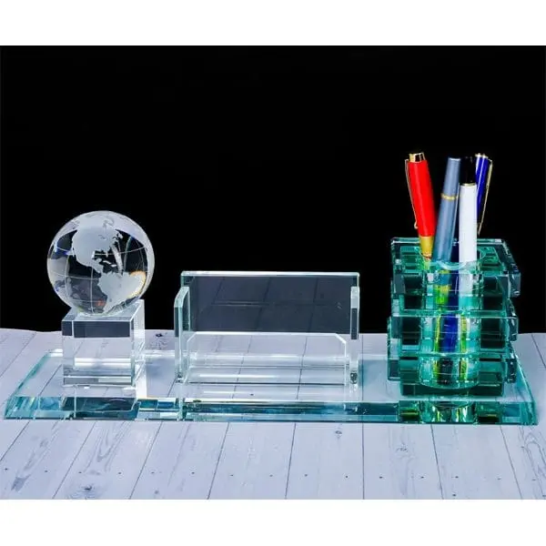 Green glass desk organizer 010 with crystal globe, card holder and pens, Hensa