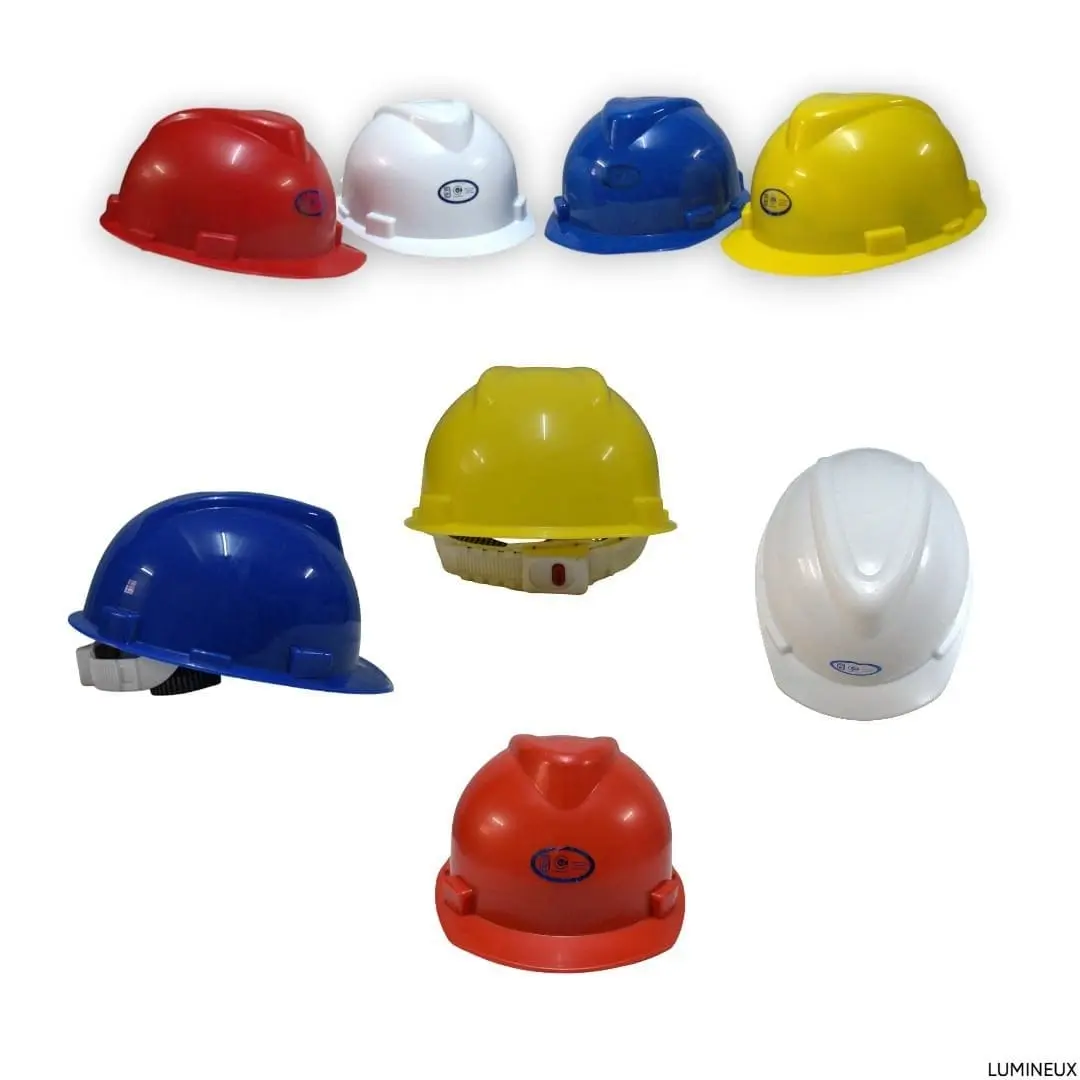 Collection of safety helmets in red, white, blue, yellow and orange, Hensa
