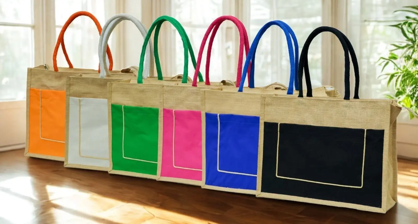 Six A3 natural jute bags with orange, white, green, pink, blue and black front pockets, Hensa