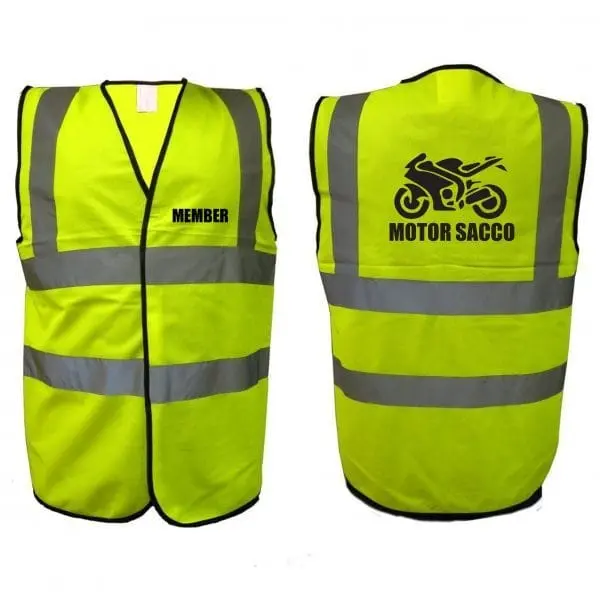 Hi-vis yellow reflector vest with grey bands, 'Member' on front and Motor Sacco logo on back, Hensa