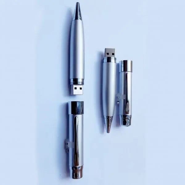 Silver pen with built-in USB flash drive shown open beside its cap, Pen With Flash Disk, Hensa